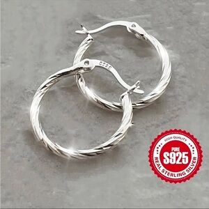 S925 Sterling Silver Twisted Hoop Earrings Classic Medium Hoops Hypoallergenic N